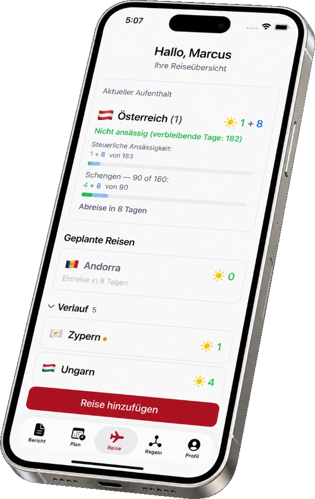 Resifly-App auf dem iPhone mit Reiseplanung und Steuerresidenz-Tracking