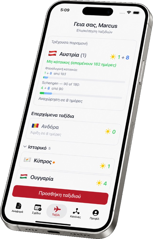 Εφαρμογή Resifly σε iPhone με οθόνη σχεδιασμού ταξιδιών και παρακολούθησης φορολογικής κατοικίας