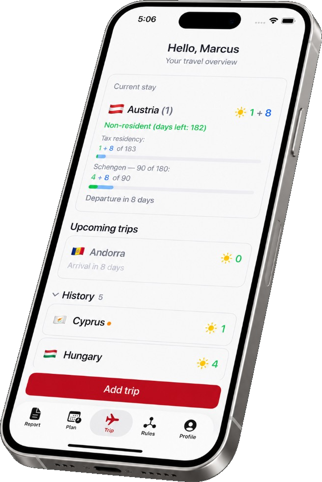 Resifly mobile app on iPhone showing trip planning and tax residency tracking