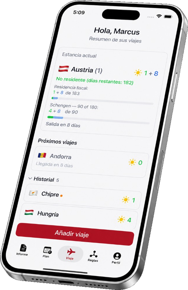App Resifly en iPhone con planificación de viajes y seguimiento de residencia fiscal