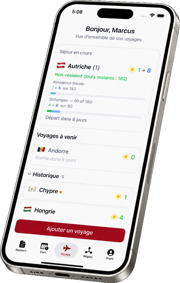 Application Resifly sur iPhone avec planification de voyages et suivi de la résidence fiscale