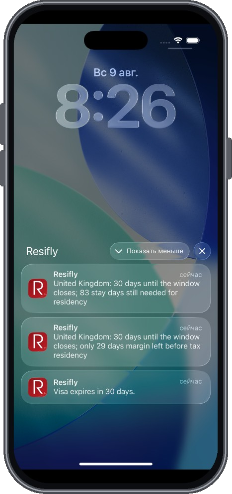 Resifly push notifications for visas and stay limits