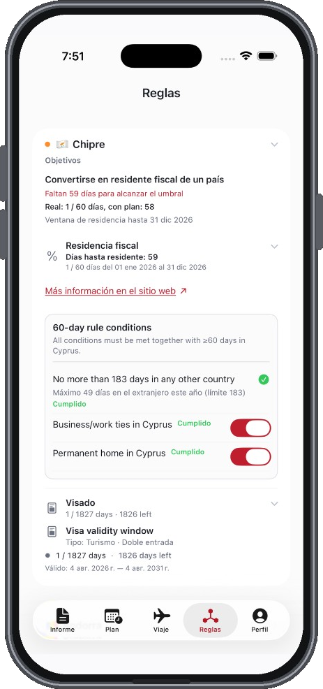 Pantalla de reglas y residencia fiscal de la app Resifly